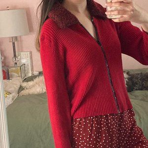 Size medium -Red fur collared zip up sweater
